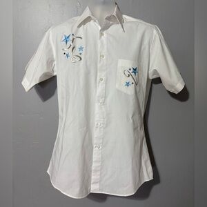 Vtg Moda Bianco Western Button Down Shirt Embroidered Concho white blue Sz S 14